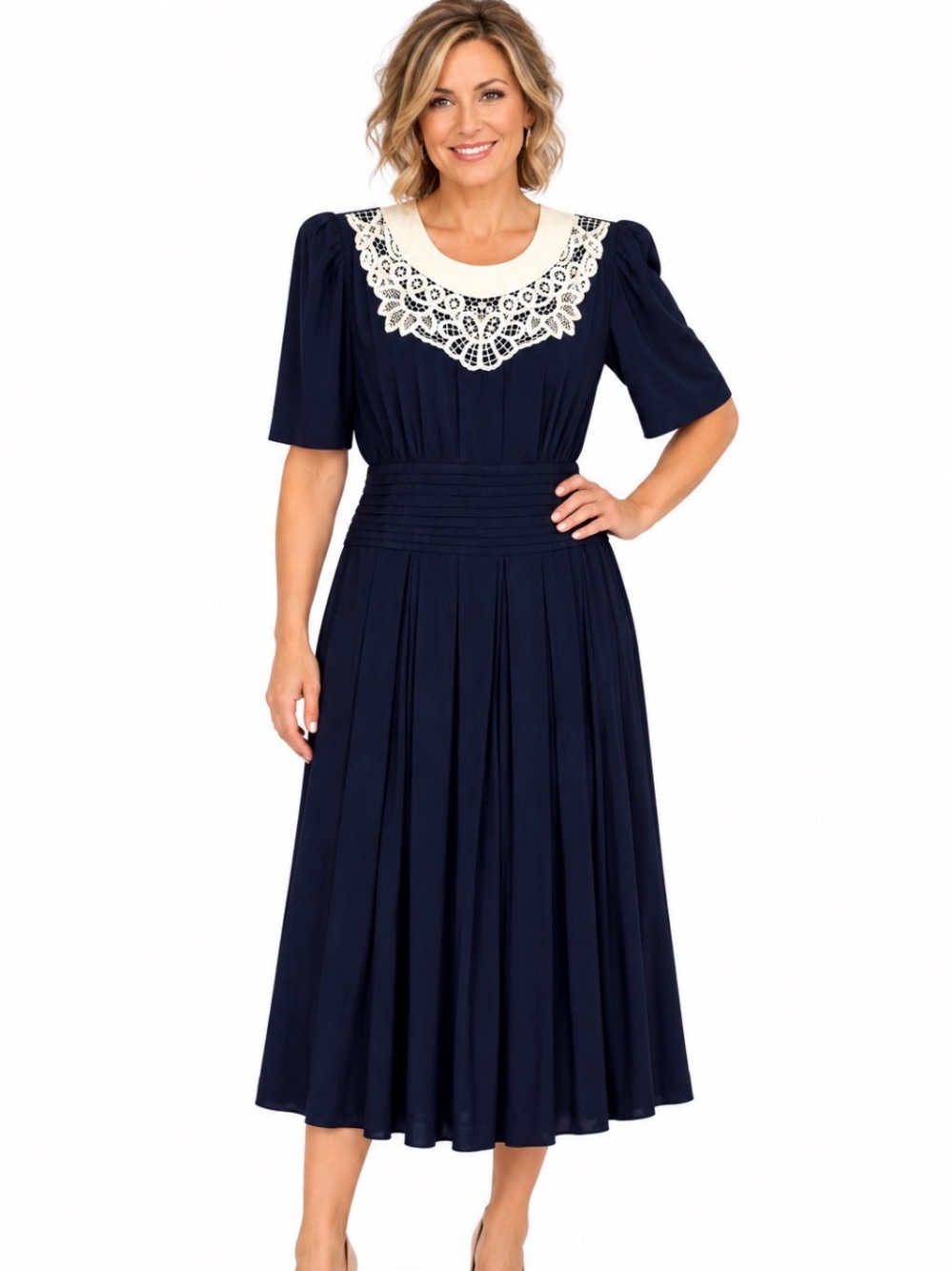 karin stevens Navy Midi Dress with Cream Lace Collar
